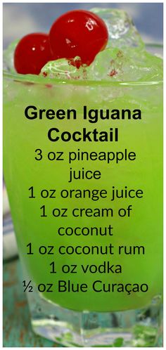 a green cocktail with two cherries in it and the ingredients to make this drink