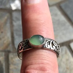 The Curls And Swirls Of Sterling Silver On Black Extend Completely Around The Band That Is Not Quite 1/4” Wide. Pretty Cabochon Of Greenish Aqua Chalcedony. Stamped 925. 5 Rings, Aqua Chalcedony, Womens Jewelry Rings, Sterling Ring, Women Jewelry, Band, Sterling Silver, Ring, Silver