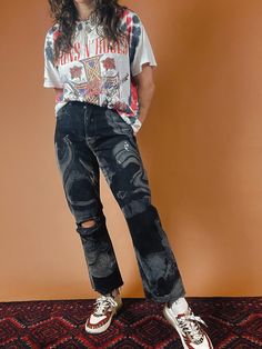 Reworked Reformation Marble Painted Black Wide Crop Jeans - 25" Reworked Nike, High Waisted Jeans Vintage, Bleached Jeans, Vintage Flare, Nike Sweatpants, Painted Denim, Patchwork Jeans, Vintage Saris, Marble Print