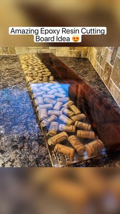 an image of some wine corks laying on the ground in front of a counter