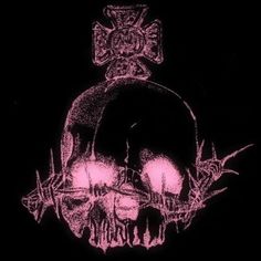 a black and pink drawing of a skull with flowers on it's head in the dark