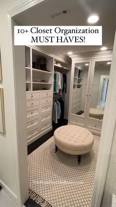 Walk in closet with white shelving, organized drawers, storage with hanging rods for clothes, shoe shelves, hat shelf, hooks, ottoman, rug and closet decor Cabinet Organization Ideas Bedroom Master Closet, Walking Closet In Bathroom, Walk In Closet Designs Layout Ideas, Closet Layout Design, Master Closet Design With Island, Built In Closet Ideas, Master Walk In Closet Ideas, Master Closet Ideas, Storage Ideas Closet