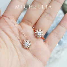 "Our current turnaround time for regular orders is 6-8 weeks. For urgent orders, please shop our Ready-to-Ship collection below (7-10 business days): https://michellia.com/collections/ready-to-ship (please copy and paste into browser) -------- 「Astra」- Starlight Necklace, in Forever One Moissanite | N3009 Astra, meaning \"of the stars\" in Greek, or \"divine strength\" in Latin. Taking the shape of a compass rose, Astra is meant to be more than a pretty symbol; Aside from her unmistakably celest White Gold Wedding Bands Women, Moon And Star Ring, Moon And Star Earrings, Half Eternity Band, Ladies Diamond Rings, Pretty Rings, Heart With Arrow, Eternity Band Diamond, Anniversary Gift For Her