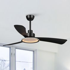 a black ceiling fan in a white room