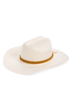 A braided leather band enhances the Western appeal of this classic cowboy hat crafted from rich Australian wool and styled with an exaggerated upturned brim. 100% wool Spot clean Imported Cowboy Hat Crafts, Classic Cowboy, Lack Of Color, Women's Headwear, Fabric Gift Bags, Cowboy Hat, Fabric Gifts, Free Fabric, Braided Leather