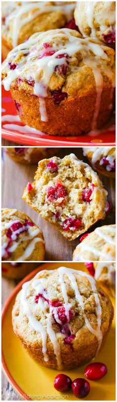 three different pictures of muffins with icing and cranberries on them