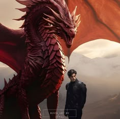 a man standing next to a red dragon