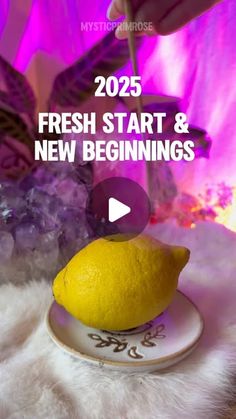 a lemon sitting on top of a white plate with the words fresh start and new beginnings