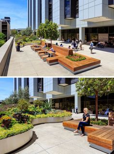 two pictures side by side with people sitting on benches in the middle and one is empty