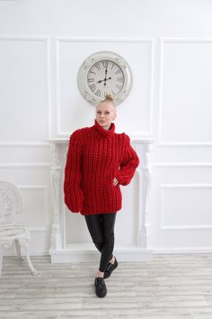 "Perfect red wool sweater for home or evening events, this super giant chunky turtleneck wool sweater is a classic piece to go with anything in your closet. The chunky knit and slightly oversize loose fit has 4 layers of high quality wool that's made for comfort and good visual look and pleasure Chunky knit sweater,Red wool sweater , Chunky knit sweater DETAILS - The sweater has chunky of wool - Made from 100% high quality wool - The sweater is knitted with 176 oz (5000 g) of high quality premiu Red Wool Sweater For Fall, Red Crew Neck Winter Outerwear, Red Crew Neck Outerwear For Winter, Cozy Red Wool Sweater, Red Sweater For Cold Weather, Cozy Red Winter Sweater, Red Chunky Knit Turtleneck Sweater, Winter Knitted Long Sleeve Tops, Red Knit Sweater For Winter