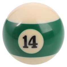 a green and white billiard ball with the number fourteen on it's side