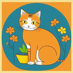 an orange and white cat sitting next to a flower pot