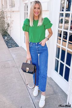 Olivia Mark - Emerald Green Anglaise-Embroidered Puff-Sleeve Blouse Southern Belle Style, Loungewear Jumpsuit, Activewear Fashion, Embroidered Shorts, Puff Sleeve Blouse, Vibrant Green, Puff Sleeve Top, Bright Green, Short Sleeve Blouse