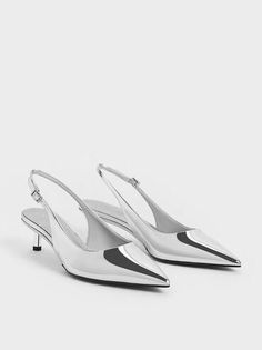 Silver Metallic Pointed-Toe Slingback Pumps | CHARLES & KEITH Silver Kitten Heels, Charles And Keith, Patent Leather Oxfords, Monochromatic Outfit, Kitten Heel Shoes, Fall Lookbook, Silver Pumps, Low Heel Sandals, Faux Leather Heels