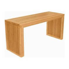 a wooden bench sitting on top of a white floor