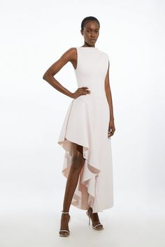 Scuba Drama Ruffle Hem Woven Maxi Dress | Karen Millen Wedding Maxi Dress With Ruffle Hem, V-neck Maxi Dress With Ruffle Hem, Ruffle Sleeve Scuba Dress, Summer Ruffle Dress With V-neck And Ruched Details, Karen Millen Knit Dress, Bride Jumpsuit, Petite Wedding Guest Dresses, Latest Maxi Dresses, Plus Size Workwear