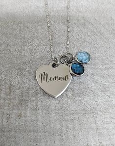 "This sterling necklace is adorned with a stainless steel mirror polished heart shaped charm that reads, \"Memaw,\" and can come with or without 8mm birthstone charms. Necklaces are available in 18 or 20 inches. Please see photos for available charm colors, and put the desired months in the personalization box during checkout. The stones will be arranged in the order you leave them in your note. Enter my shop here to find similar items: https://etsy.me/2EERm29 All items arrive boxed and ready fo Mother's Day Stainless Steel Necklace For Mom, Mother's Day Gift Stainless Steel Necklace, Customizable Keepsake Jewelry For Mother's Day, Personalized Blue Jewelry For Mother's Day, Mother's Day Personalized Stainless Steel Jewelry, Stainless Steel Necklace For Mother's Day Gift, Mother's Day Gift Stainless Steel Charm Necklaces, Custom Name Stainless Steel Necklace For Mother's Day, Personalized Blue Necklace For Mother's Day