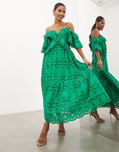 ASOS EDITION eyelet strap detail ruffle midi dress in bright green | ASOS Caribbean Dress, Ravello Wedding, Vacation Outfits Women, Maternity Long Dress, Havana Nights, Wedding Clothing, Pink Party Dresses, Floral Bodycon, Ruffle Midi Dress