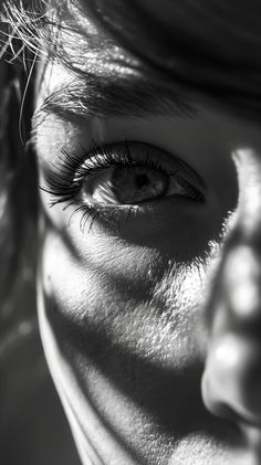 black and white photograph of woman's face with long eyelashes looking directly into the camera