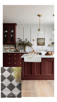 an image of a kitchen with red cabinets and white counter tops, gold faucets