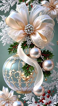 a christmas ornament with white and gold decorations