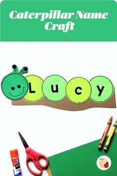 A caterpillar made of multiple shades of green cardstock.  Each circular section of the caterpillar has a large bold letter that spell the name Lucy.  The left most circle is the caterpillar's smiling face.  The caterpillar is glued on to brown paper cut in the shape of a branch. Name Building, Letter C Activities, Name Activities Preschool, Spring Crafts Preschool, Preschool Names, Bugs Preschool, Spring Kindergarten