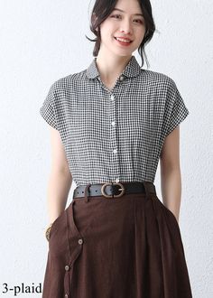 White Short Sleeve Button Down Shirt Women Loose Summer - Etsy Summer Blouse With Casual Collar And Buttons, Vintage Summer Tops With Casual Collar, Black Collared Top For Casual Gatherings, Casual Summer Blouse With Collar, Black Summer Tops For Casual Gatherings, Black Summer Tops For Casual Wear, Casual Collared Gingham Shirt, Casual Cotton Blouse For Picnic, Plaid Top With Casual Collar For Spring