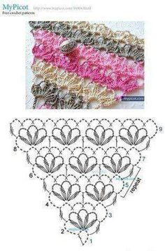 the crochet pattern is shown in pink and grey, with two rows of flowers on