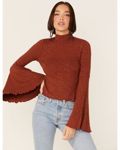 Brown Bell Sleeve Top, Shirts With Bell Sleeves, Bell Sleeve Top Outfit, Womens Western Tops, Red Bell Sleeve Top, Bell Sleeves Top, Style Roots, Flare Sleeve Top, Character Clothes