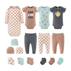 The 16 piece skater boy layette gift set by the peanutshell is the ultimate starter pack for your cool dude. Embrace the rad vibes with a trendy tan check print that's perfect for your little man's standout style. Our assortment includes 3 short sleeved bodysuits, 3 hats, 3 pairs of pants, 3 pairs of scratch mittens, 3 pairs of socks, and a sleep gown in shades of charcoal gray, earthy tan tones and soothing green. Crafted with ultra-soft fabrics and designed for maximum comfort, this collection Boys Skater, Baby Layette Set, Sleep Gown, Baby Layette, Baby Mittens, Layette Set, Skater Boy, Gifts For New Parents, Short Sleeve Bodysuit