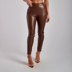 Meshki Brown Leather Pants , Only Tried On. New With Tags . Perfect Match With Blaire Top . Split Pants, Brown Leather Pants, Pleather Pants, Faux Leather Fabric, Leather Trousers, Split, Faux Leather Pants, High Waisted Trousers, Black Faux Leather