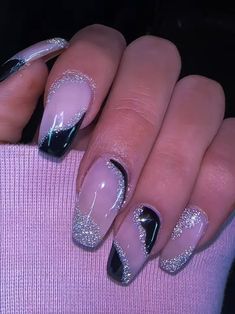 Black And Silver Nail Art, Turquoise Nails, Silver Nail, Chic Nails, Rhinestone Nails, Acrylic Nail Designs