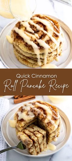 cinnamon roll pancakes are stacked on top of each other