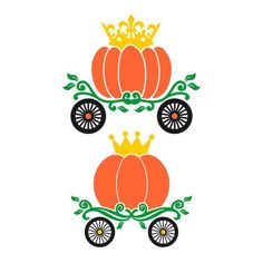 an orange and green carriage with two pumpkins on it's sides, in the shape of a crown