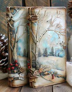 an open book sitting on top of a wooden table next to a pine cone and christmas decorations