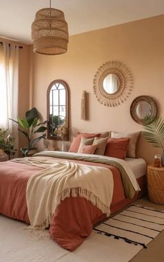 35 Cozy Boho Bedroom Decor Ideas to Elevate Your Space Brown Boho Bedroom, Cozy Colorful Bedroom, Orange Boho Bedroom, Bedroom Design Boho, Terracotta Bedroom, Boho Bedroom Decor Ideas, Cozy Boho Bedroom, Boho Chic Interior, Modern Style Bedroom