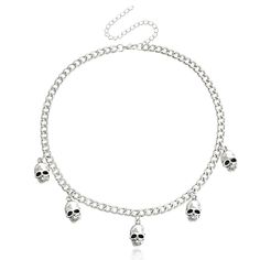 This necklace features skull-shaped charms for macabre style. Chain: 15.6" L with 3.9" extender Charms: 0.78" L each Lobster claw clasp Silver-plated copper Skull Choker, Punk Skeleton, Dark Costumes, Emo Jewelry, Gothic Choker Necklace, Skeleton Necklace, Punk Skull, Goth Accessories, Goth Halloween