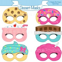 four masks with donuts on them, one is pink and the other is blue