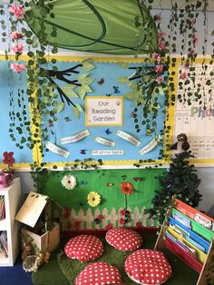 the reading area is decorated with books and decorations