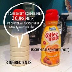 an image of coffee mate and 3 ingredients on the kitchen counter with speech bubble above it