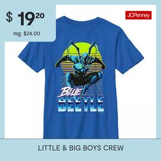 This short-sleeve t-shirt features a Blue Beetle graphic for your little or big boy to feel like a superhero. It's made from soft cotton for a breathable, lightweight feel, perfect for his adventurous schedule.Character: Blue BeetleClosure Type: Pullover HeadFit: Regular FitNeckline: Crew NeckSleeve Length: Short SleeveFiber Content: 100% CottonFabric Description: KnitCare: Tumble Dry, Machine WashCountry of Origin: Imported Blue Short Sleeve Pop Culture Tops, Blue Pop Culture Short Sleeve Top, Pop Culture Blue Short Sleeve Top, Blue Cartoon Print T-shirt For Fans, Blue Pop Culture T-shirt For Summer, Blue Graphic Tee With Character Print, Cheap Washed Blue T-shirt With Graphic Print, Blue Cartoon Print T-shirt Fan Merchandise, Blue Beetle Superhero