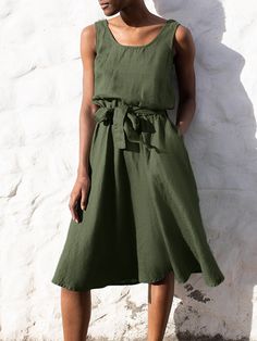 Women Solid Sleeveless Crew Neck Dress with Belt Knee-length Solid Color Sleeveless Dress For Summer, Solid Color Knee-length Sleeveless Dress For Summer, Knee-length Sleeveless Dress In Solid Color For Summer, Spring Solid Color Sleeveless Knee-length Dress, Spring Sleeveless Knee-length Dress In Solid Color, Casual Green Sleeveless Knee-length Dress, Green Casual Knee-length Sleeveless Dress, Casual Green Knee-length Sleeveless Dress, Summer Sleeveless Backless Solid Color Dress