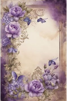 a painting of purple flowers and butterflies on a white background with an ornate frame in the middle