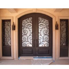 double door with two sidelights and kickplate Exterior Doors With Sidelights, Wrought Iron Entry Doors, Wrought Iron Front Door, Custom Exterior Doors, Custom Entry Doors, Front Door Styles, Iron Front Door, Iron Entry Doors, Double Front Doors