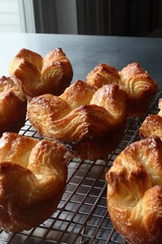 several pastries are cooling on a wire rack