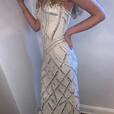 White Silver Scala Beaded Gown Size 2 Worn Once Beaded Gown, White Silver, White Dress, Size 2, Womens Dresses, Silver, Dresses, Women Shopping, White