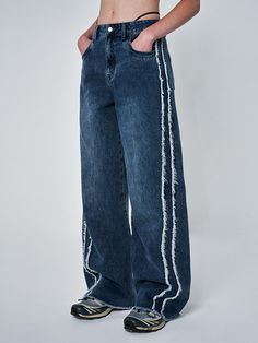 This is a casual and comfortable pants made out of high quality cotton 100% denim fabric. With design detail of cut off detail on the hem and fringe detail from the hip to ankle, it gives a comfortable and trendy mood.- Cut off detail on the hem- 13 oz denim fabric- Fringe detail from the hip extending to ankle- Slim boots cut silhouette Relaxed Fit Cotton Flare Jeans With Cutoff, Cotton Flare Jeans With Contrast Stitching, Cropped Leg, Relaxed Fit Cotton Cutoff Flare Jeans, Trendy Cotton Cutoff Cropped Jeans, High Rise Cotton Flare Jeans With Contrast Stitching, Cotton Jeans With Frayed Hem For Streetwear, Dark Wash Cotton Cutoff Cropped Jeans, Dark Wash Cotton Cropped Cutoff Jeans, Cotton Flare Jeans With Frayed Hem For Streetwear