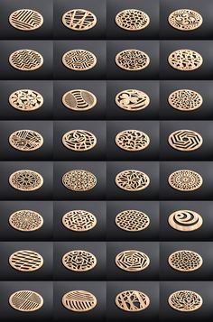 several different types of carved wood designs on black background, each with an intricate design