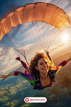 a woman flying through the air while holding onto a parachute