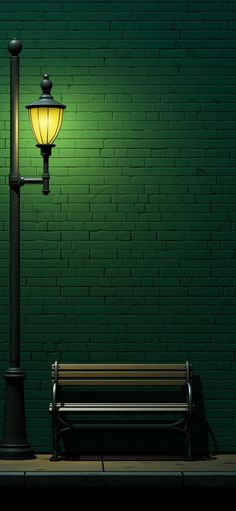 a bench sitting next to a street light near a green brick wall with a lamp on it